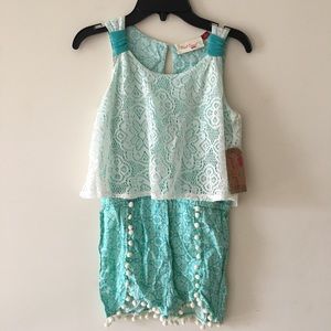 Red Camel Girls' Sleeveless Teal Lace Romper
